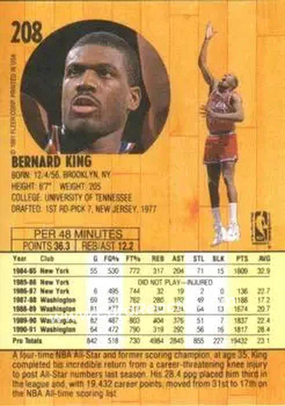 1991-92 Fleer #208 - Bernard King - Washington Bullets - Back