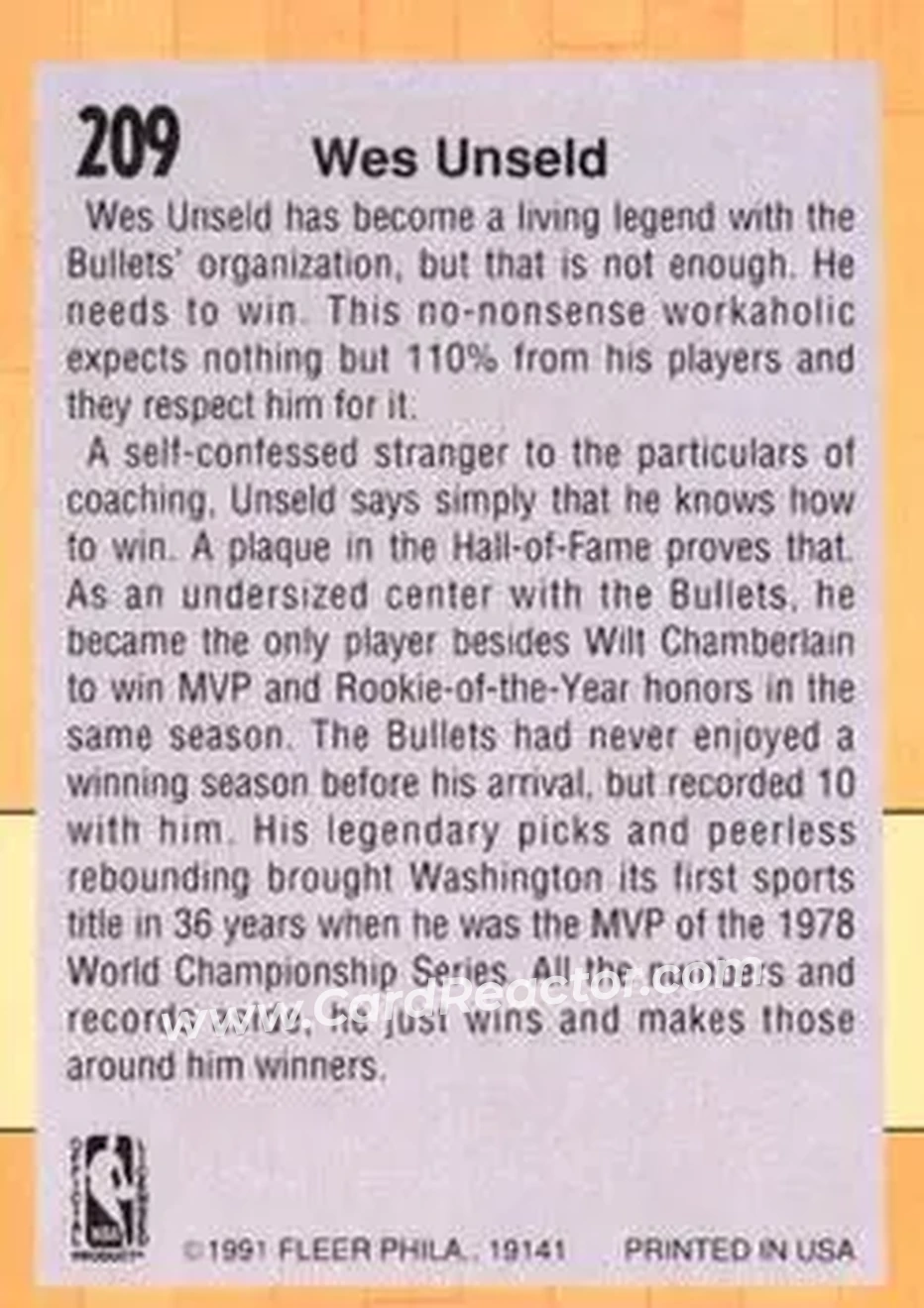 1991-92 Fleer #209 - Wes Unseld - Washington Bullets - Back