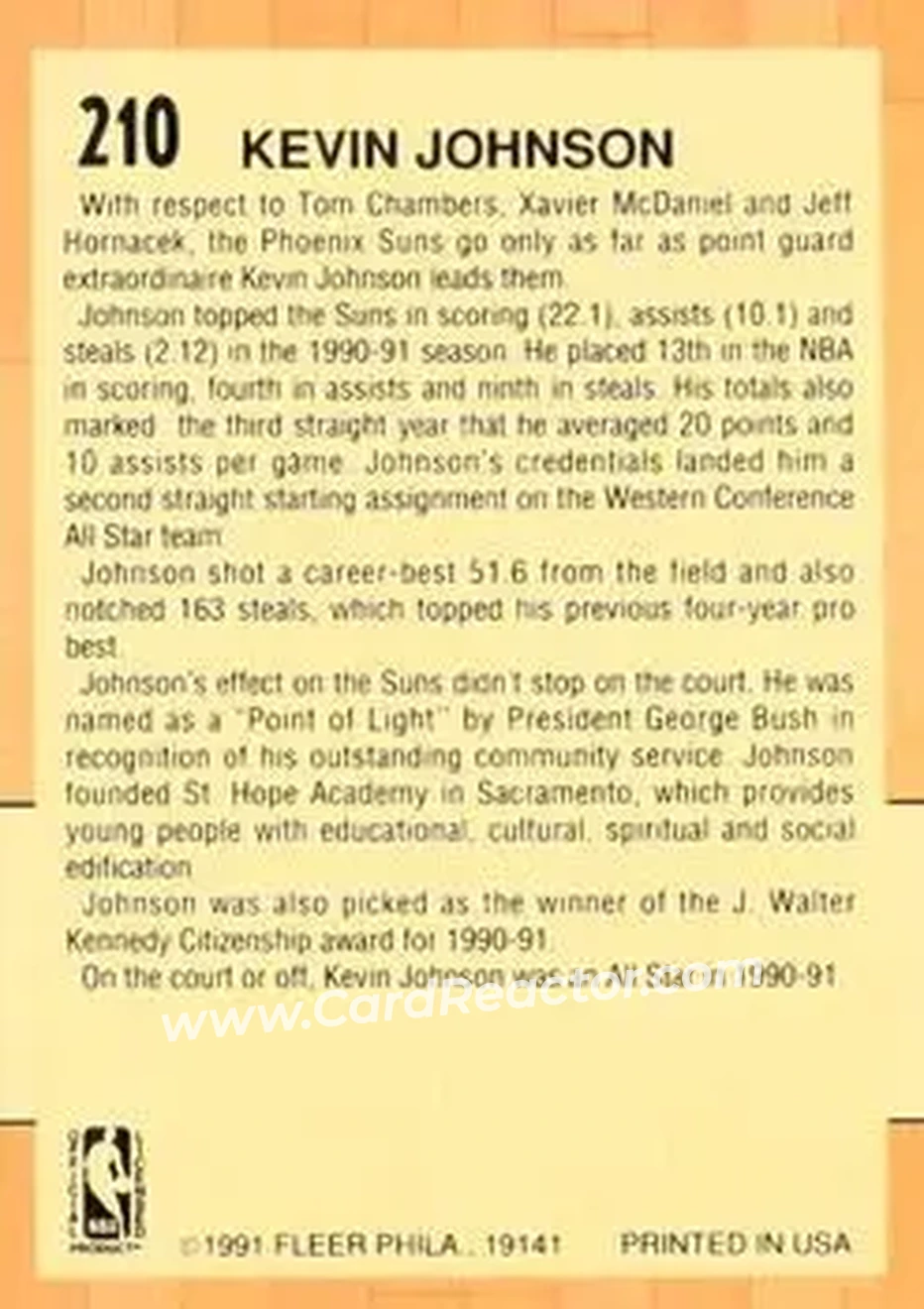 1991-92 Fleer #210 - Kevin Johnson - Phoenix Suns - Back