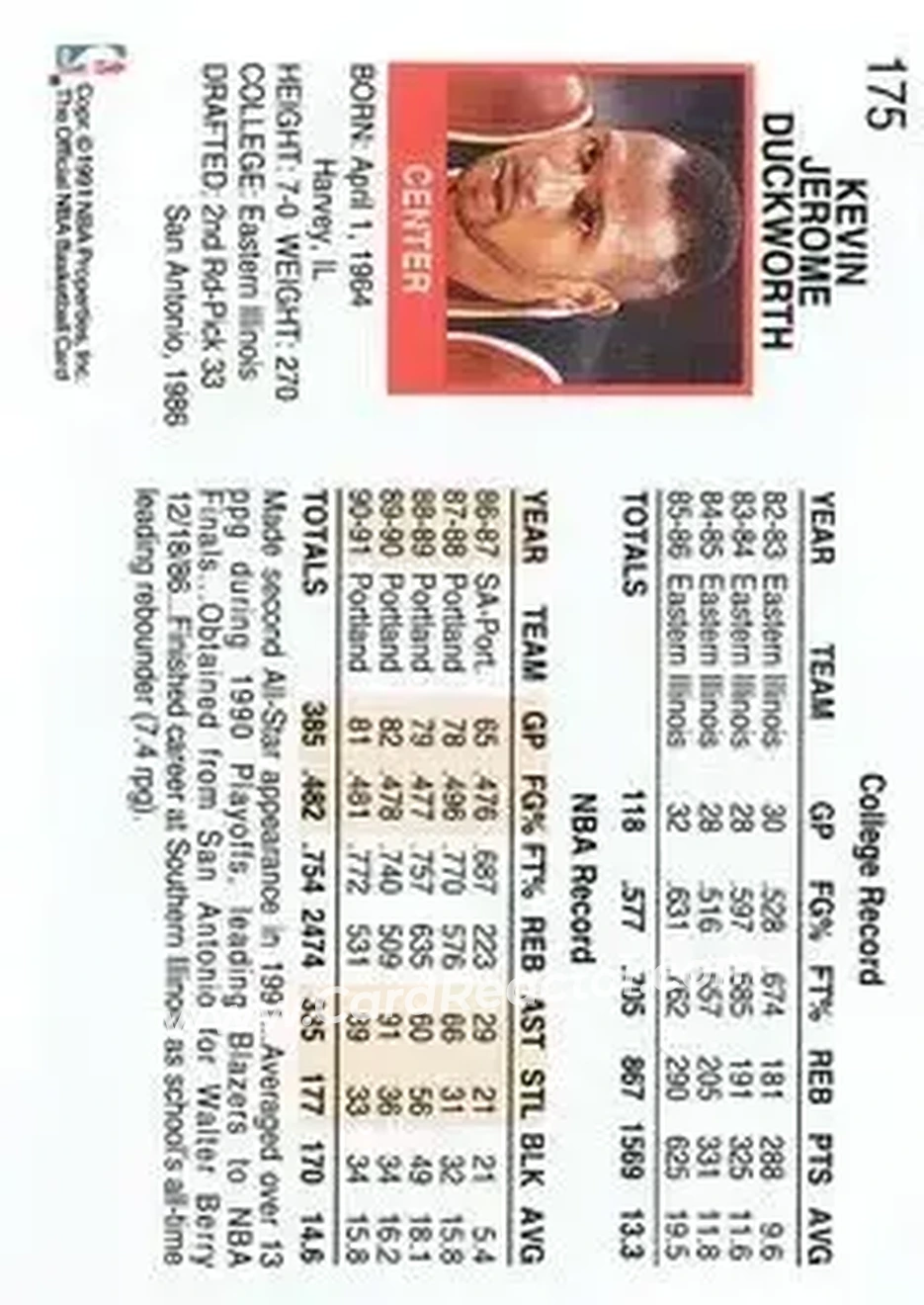 1991-92 Hoops #175 - Kevin Duckworth - Portland Trail Blazers - Back