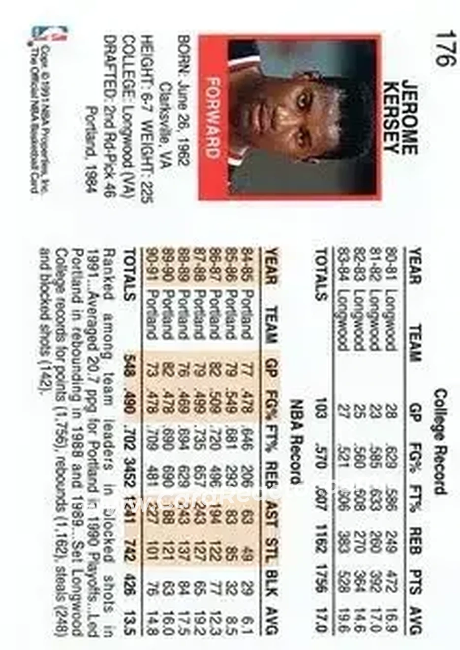 1991-92 Hoops #176 - Jerome Kersey - Portland Trail Blazers - Back 1991-92 Hoops #176 - Jerome Kersey - Portland Trail Blazers - Back
