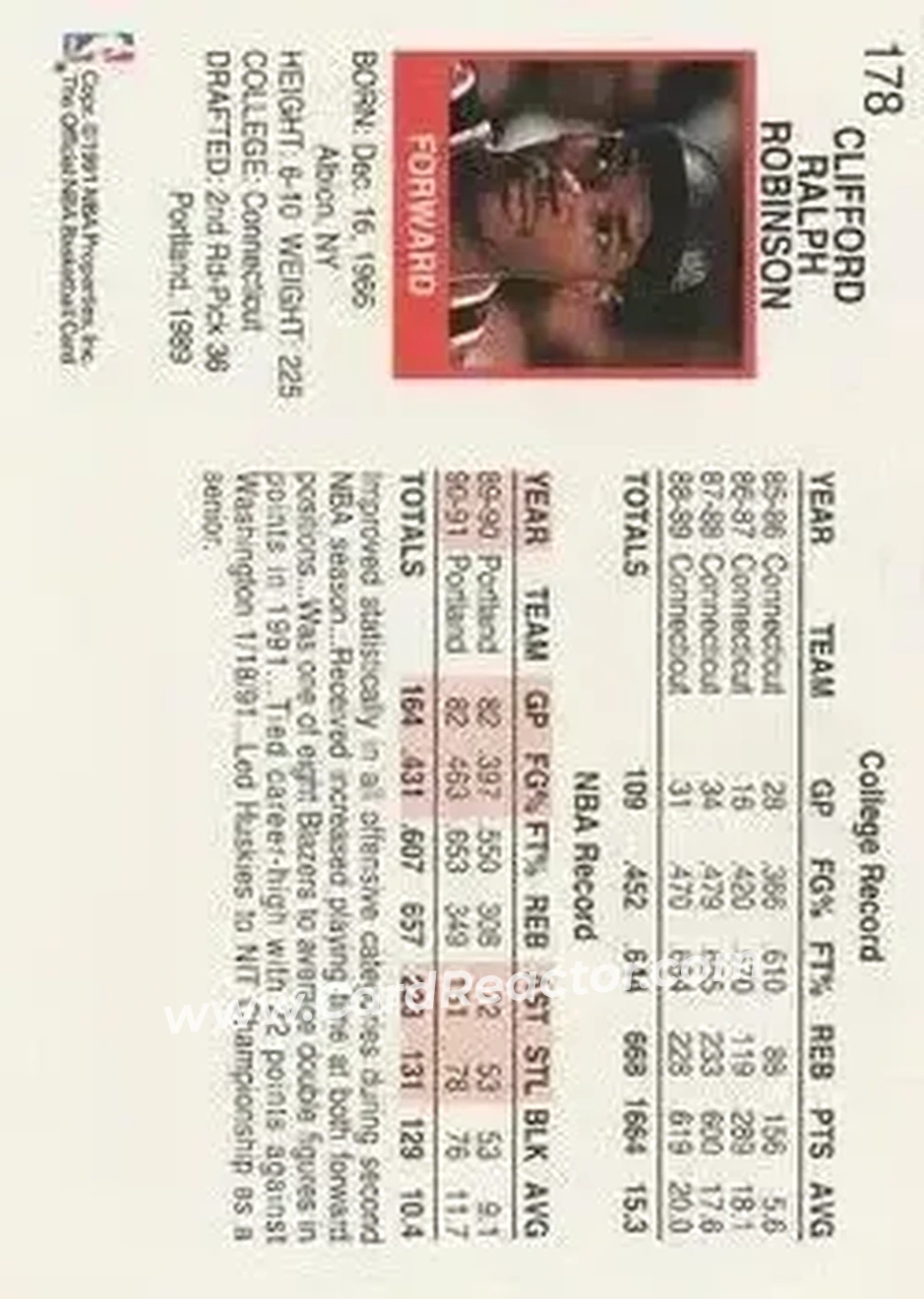 1991-92 Hoops #178 - Clifford Robinson - Portland Trail Blazers - Back