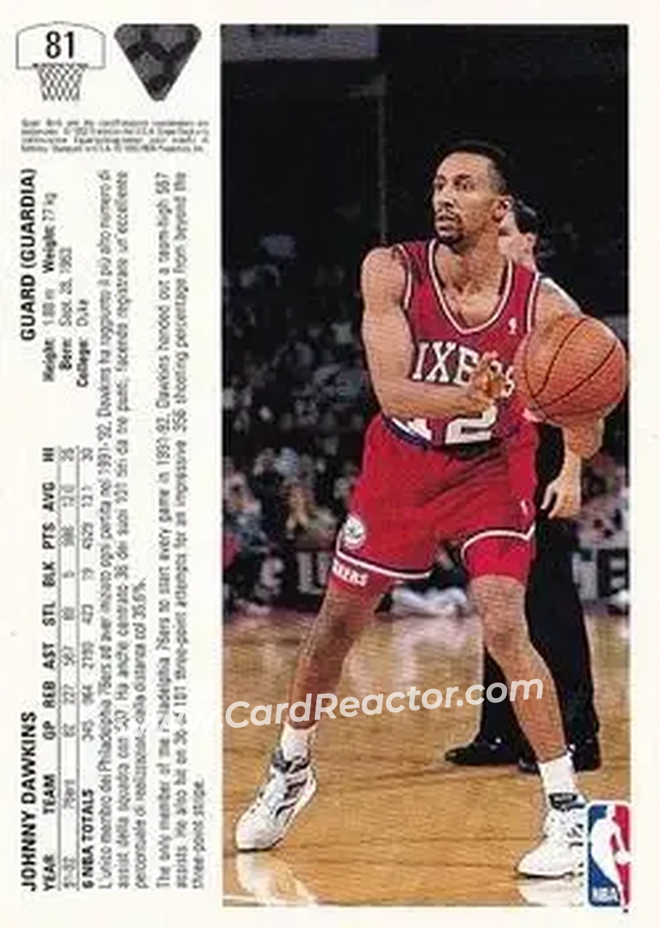 1991-92 Upper Deck Italian #81 - Johnny Dawkins - Philadelphia 76ers - Back