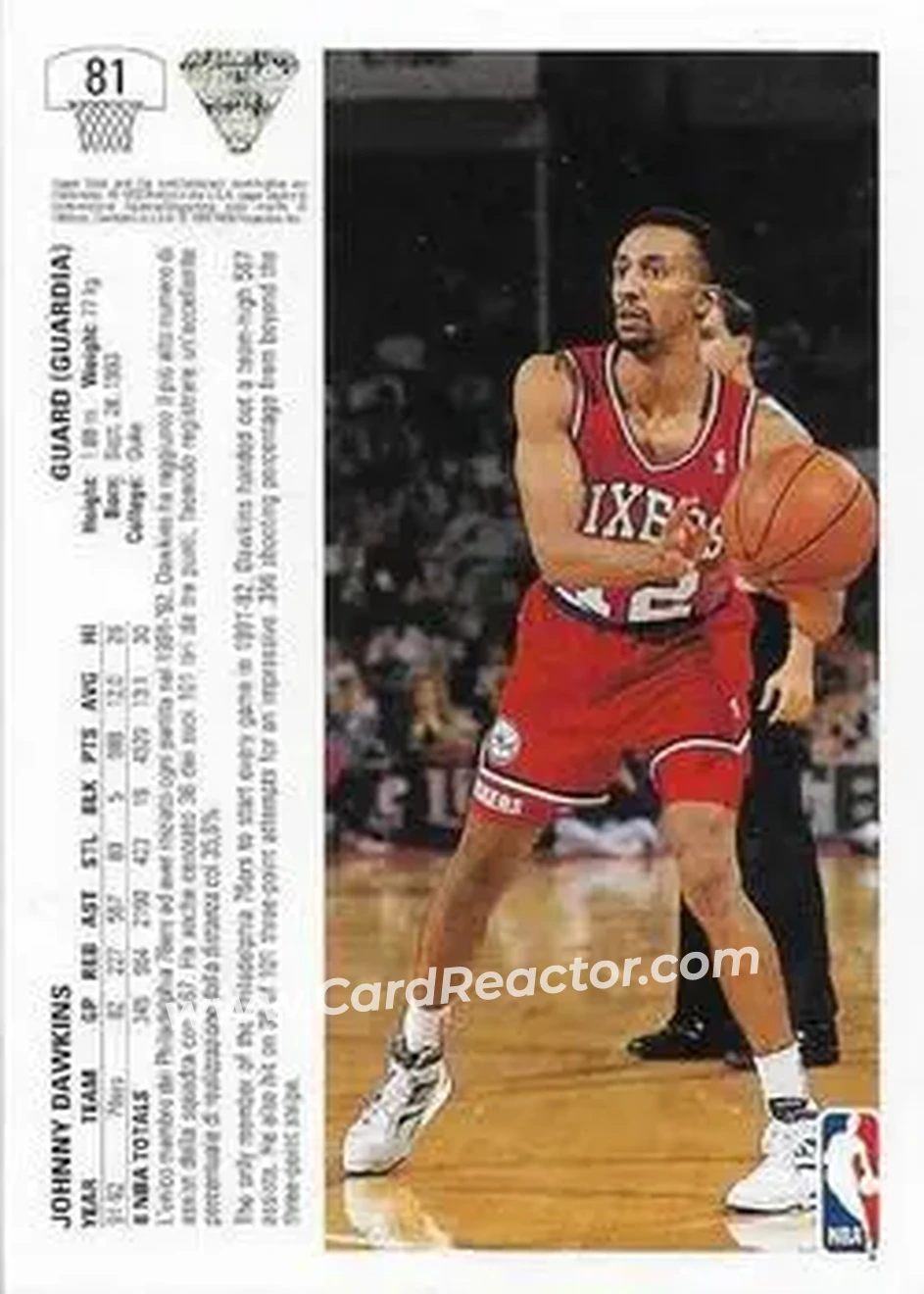 1991-92 Upper Deck Italian #81 - Johnny Dawkins - Philadelphia 76ers - Back