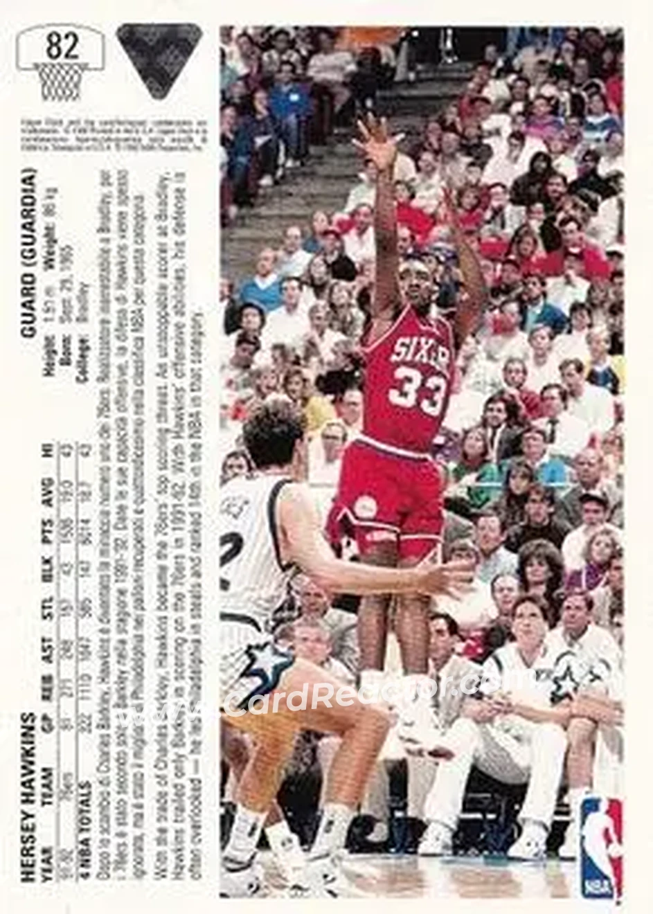 1991-92 Upper Deck Italian #82 - Hersey Hawkins - Philadelphia 76ers - Back