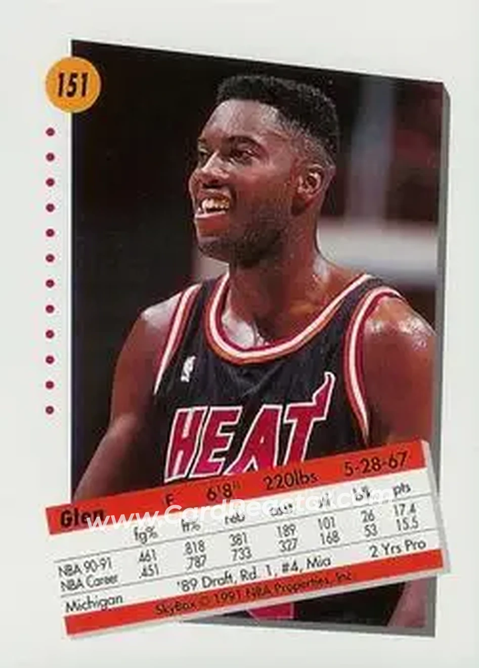 1991-92 SkyBox #151 - Glen Rice - Miami Heat - Back 1991-92 SkyBox #151 - Glen Rice - Miami Heat - Back