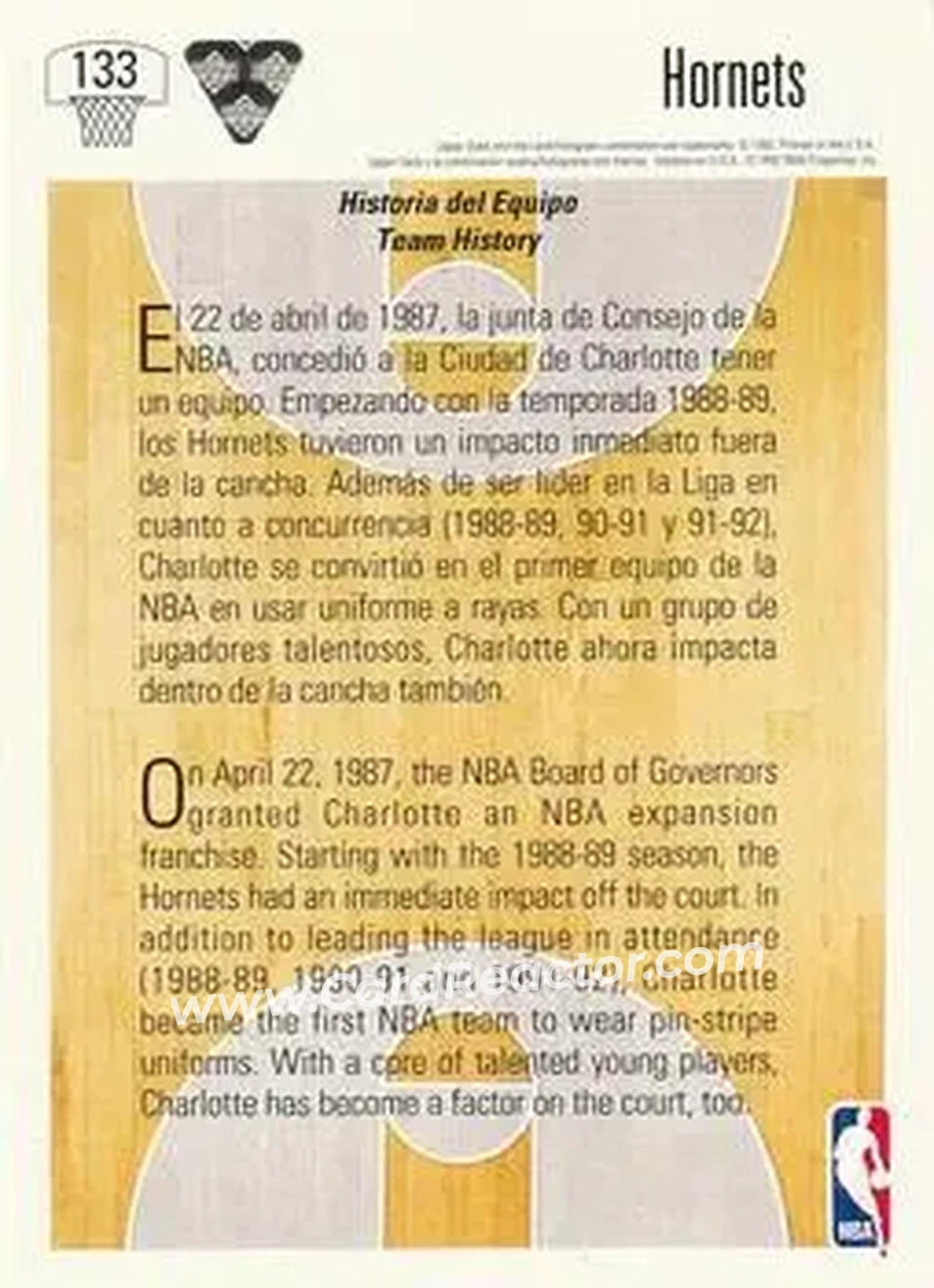 1991-92 Upper Deck Spanish #133 - Card #133 - Charlotte Hornets - Back 1991-92 Upper Deck Spanish #133 - Card #133 - Charlotte Hornets - Back