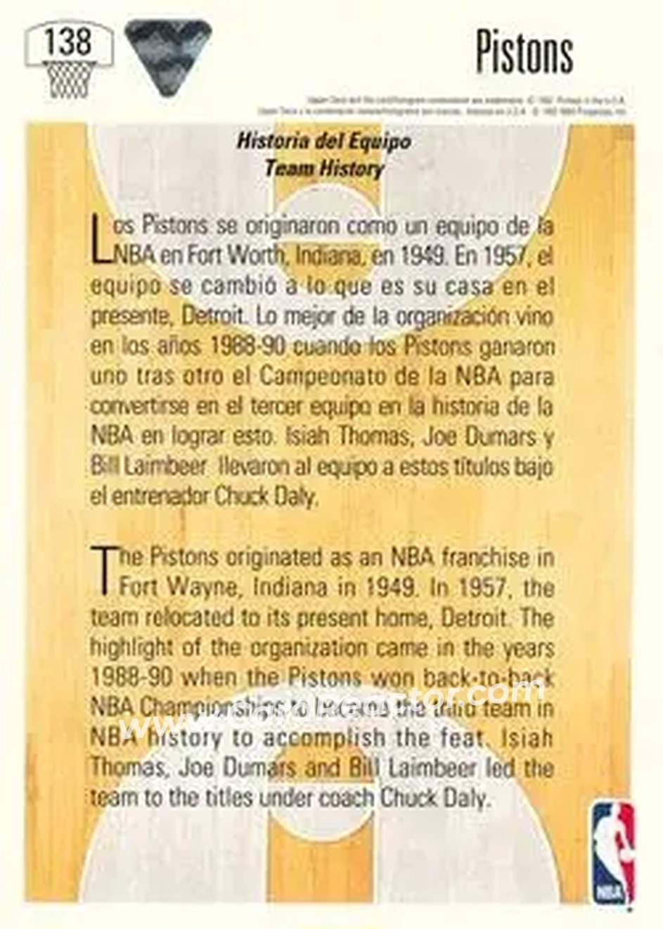 1991-92 Upper Deck Spanish #138 - Card #138 - Detroit Pistons - Back