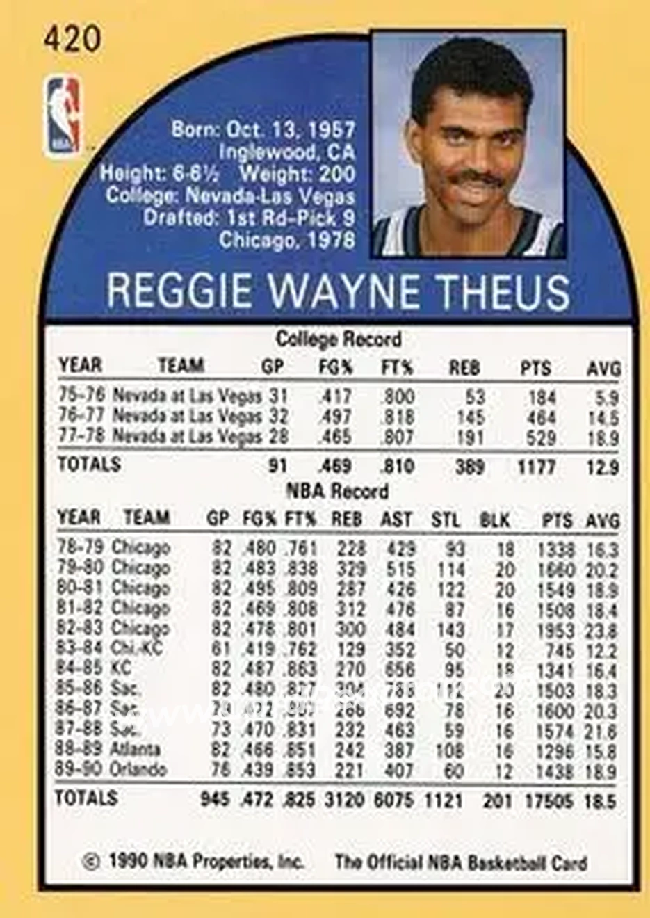 1990-91 Hoops #420 - Reggie Theus - New Jersey Nets - Back