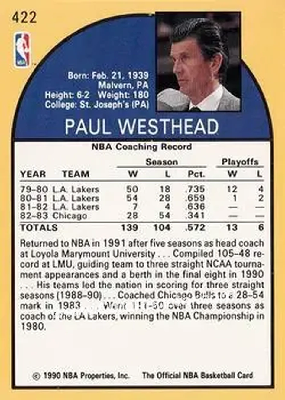 1990-91 Hoops #422 - Paul Westhead - Denver Nuggets - Back