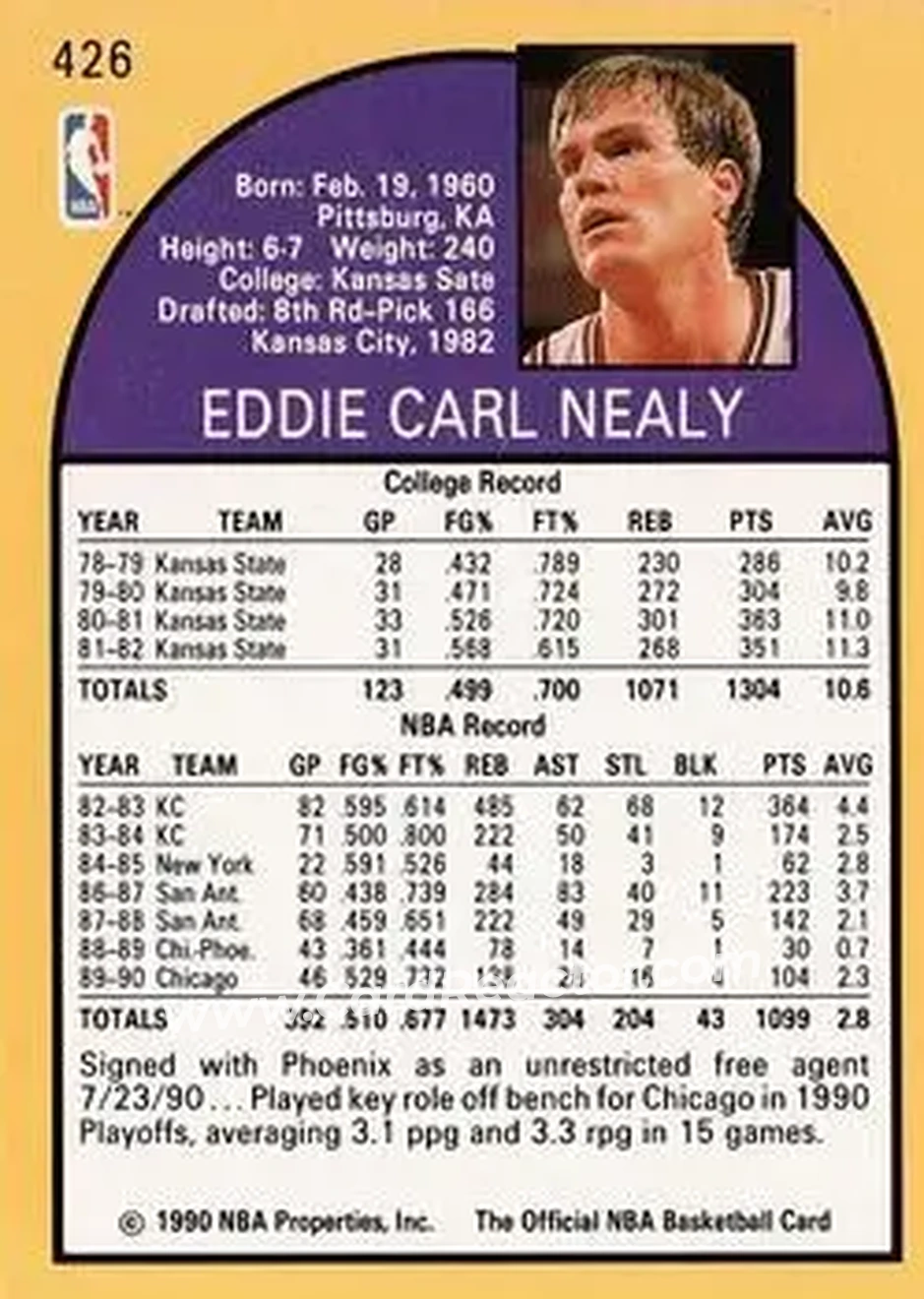 1990-91 Hoops #426 - Ed Nealy - Phoenix Suns - Back