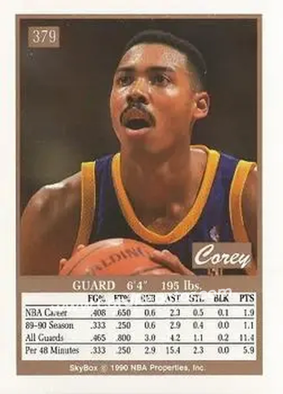 1990-91 SkyBox #379 - Corey Gaines - Denver Nuggets - Back