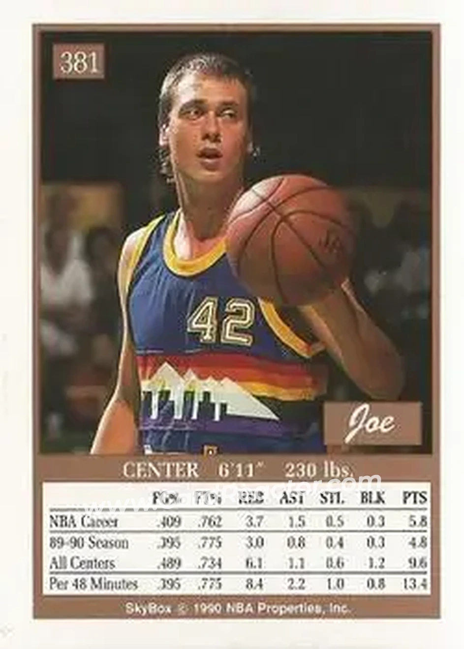 1990-91 SkyBox #381 - Joe Wolf - Denver Nuggets - Back