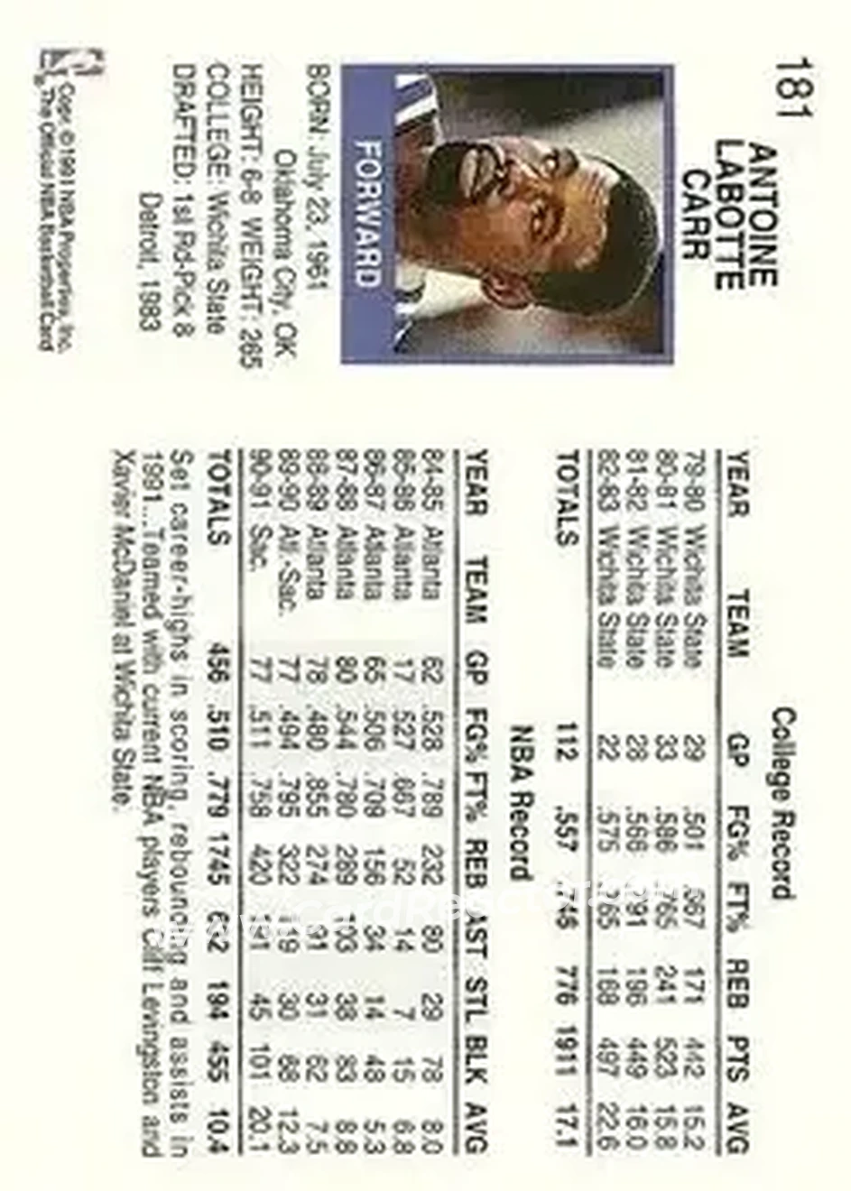 1991-92 Hoops #181 - Antoine Carr - Sacramento Kings - Back 1991-92 Hoops #181 - Antoine Carr - Sacramento Kings - Back