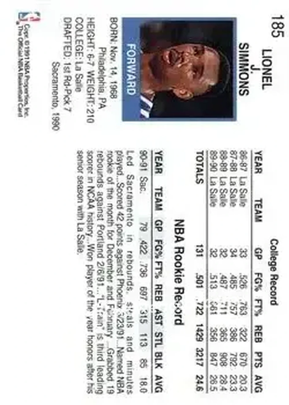 1991-92 Hoops #185 - Lionel Simmons - Sacramento Kings - Back