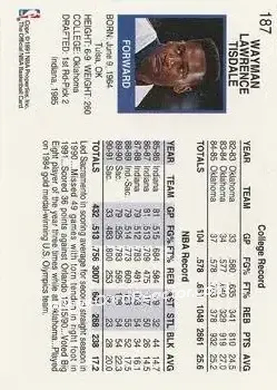 1991-92 Hoops #187 - Wayman Tisdale - Sacramento Kings - Back 1991-92 Hoops #187 - Wayman Tisdale - Sacramento Kings - Back