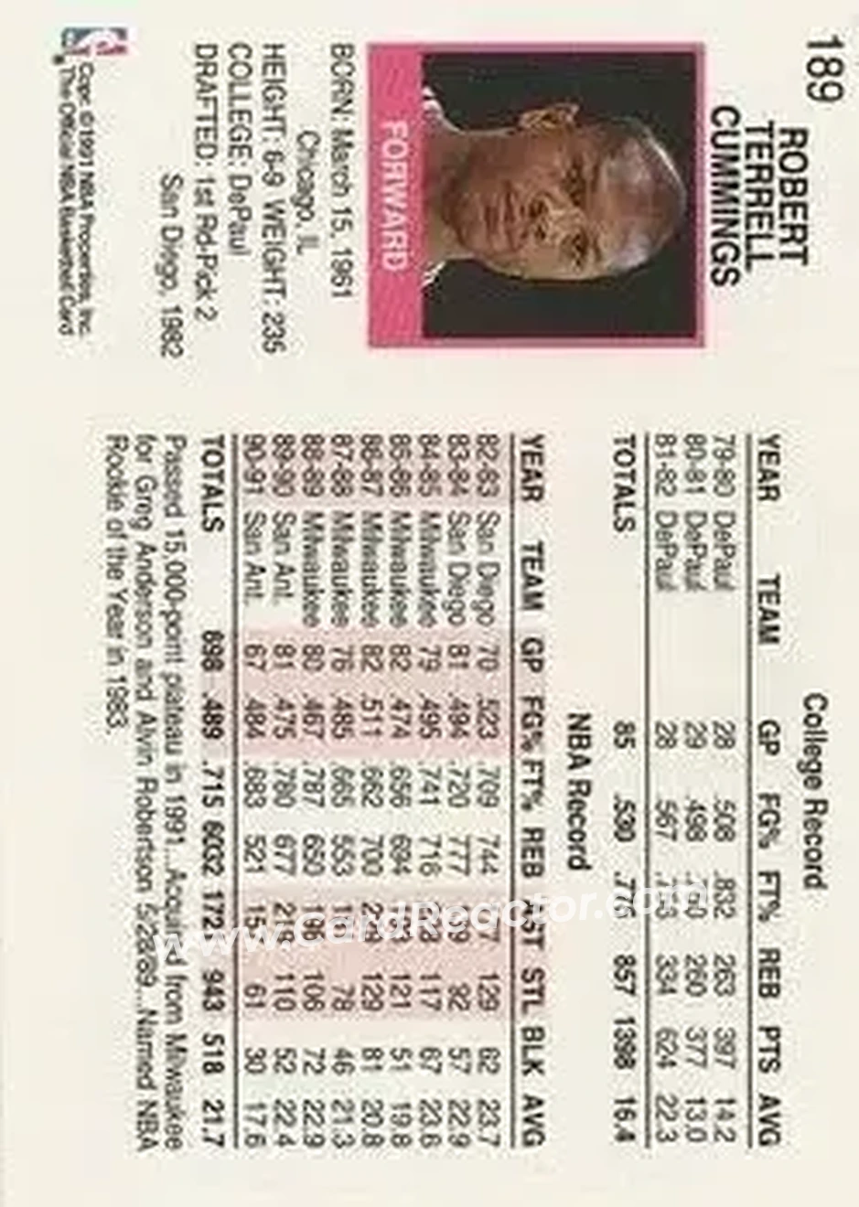 1991-92 Hoops #189 - Terry Cummings - San Antonio Spurs - Back 1991-92 Hoops #189 - Terry Cummings - San Antonio Spurs - Back