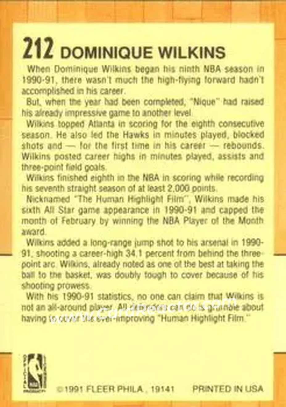 1991-92 Fleer #212 - Dominique Wilkins - Atlanta Hawks - Back
