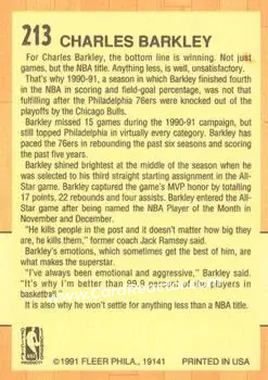 1991-92 Fleer #213 - Charles Barkley - Philadelphia 76ers - Back