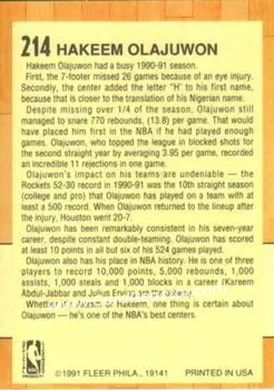 1991-92 Fleer #214 - Hakeem Olajuwon - Houston Rockets - Back 1991-92 Fleer #214 - Hakeem Olajuwon - Houston Rockets - Back