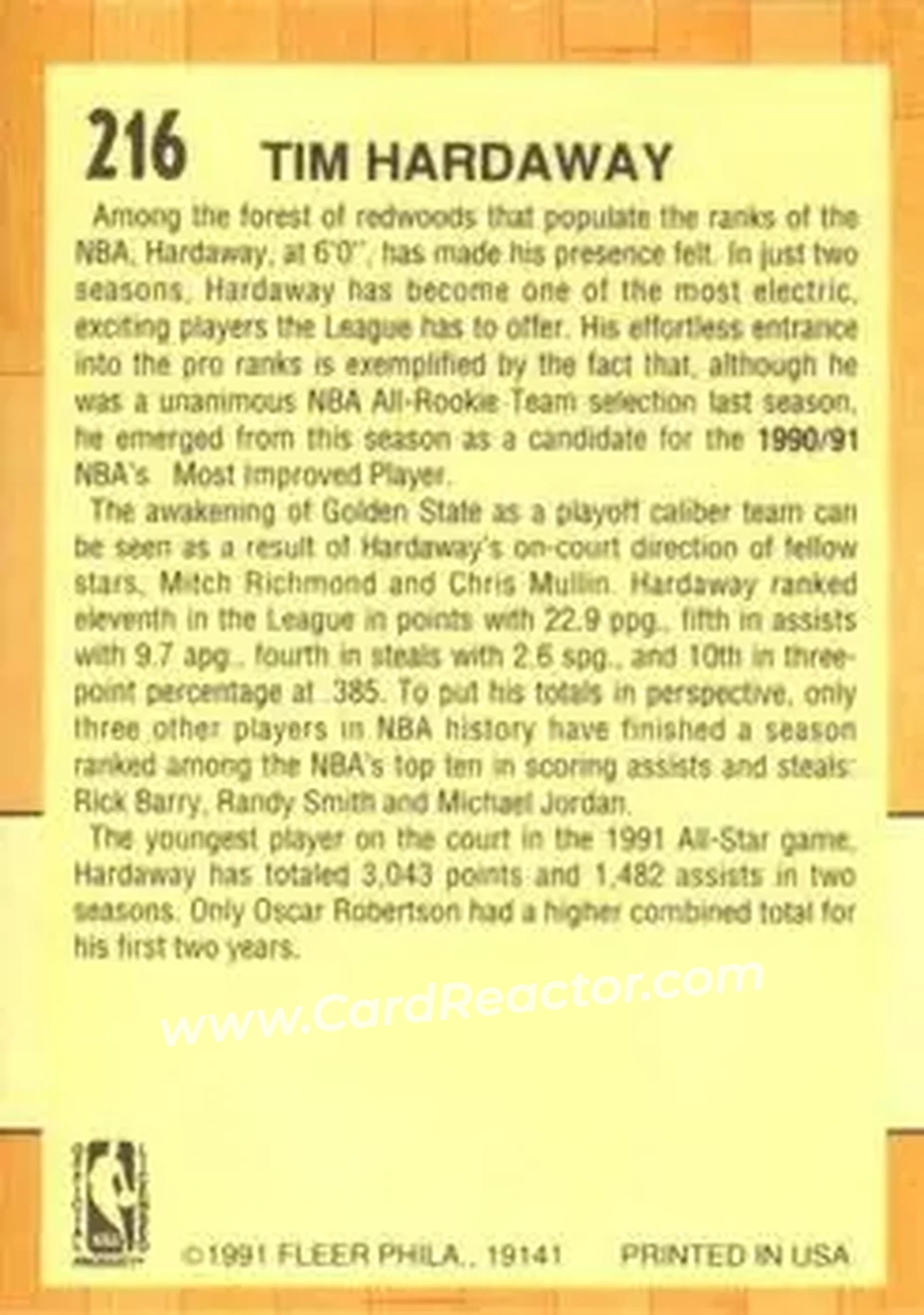 1991-92 Fleer #216 - Tim Hardaway - Golden State Warriors - Back