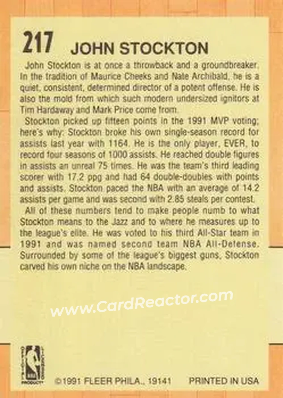 1991-92 Fleer #217 - John Stockton - Utah Jazz - Back