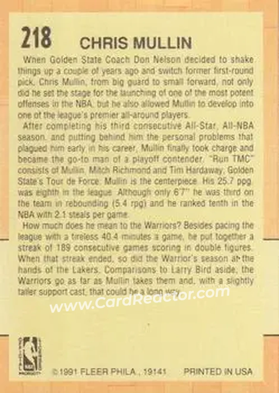 1991-92 Fleer #218 - Chris Mullin - Golden State Warriors - Back