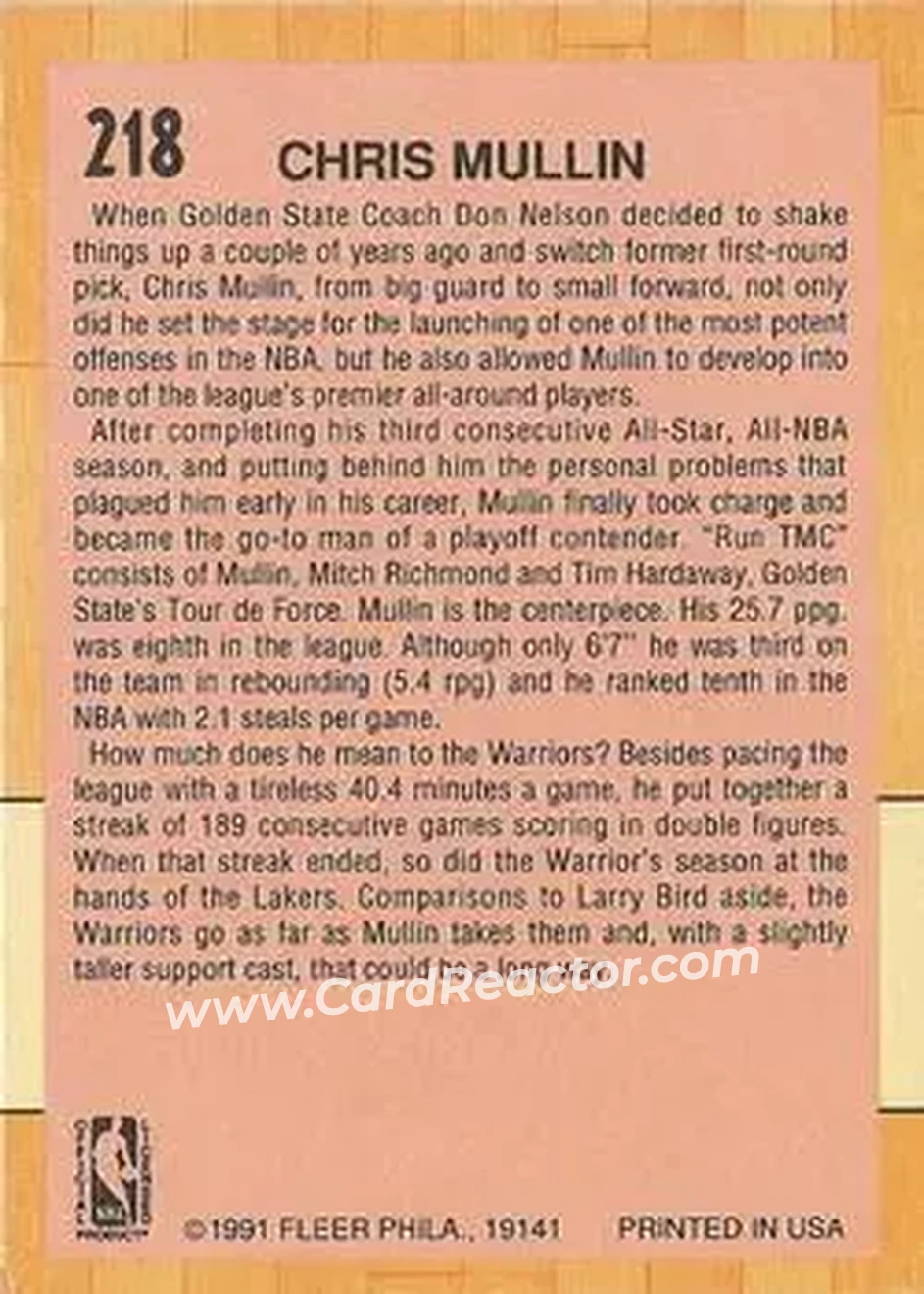 1991-92 Fleer #218 - Chris Mullin - Golden State Warriors - Back