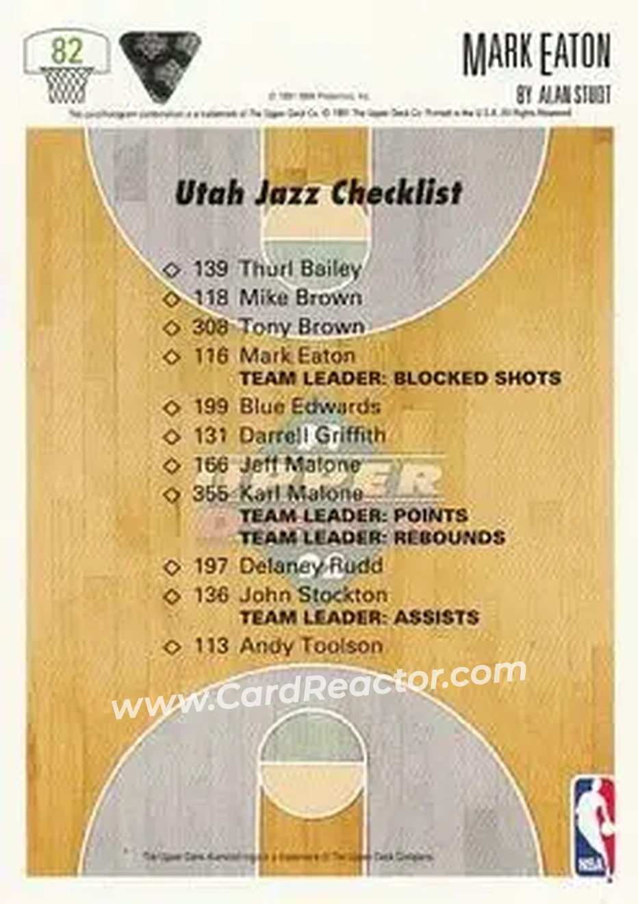 1991-92 Upper Deck #82 - Mark Eaton - Utah Jazz - Back