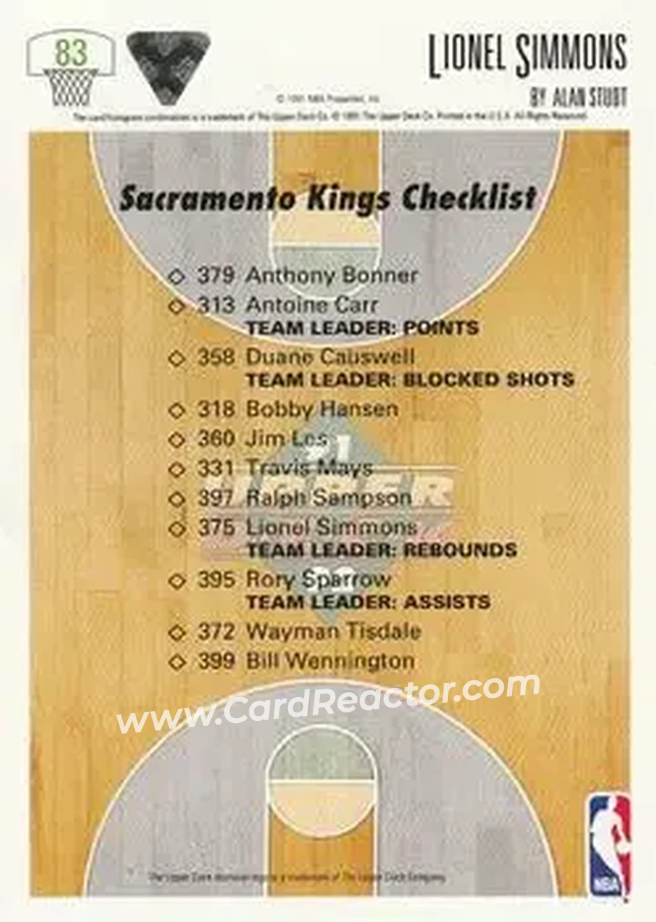 1991-92 Upper Deck #83 - Lionel Simmons - Sacramento Kings - Back