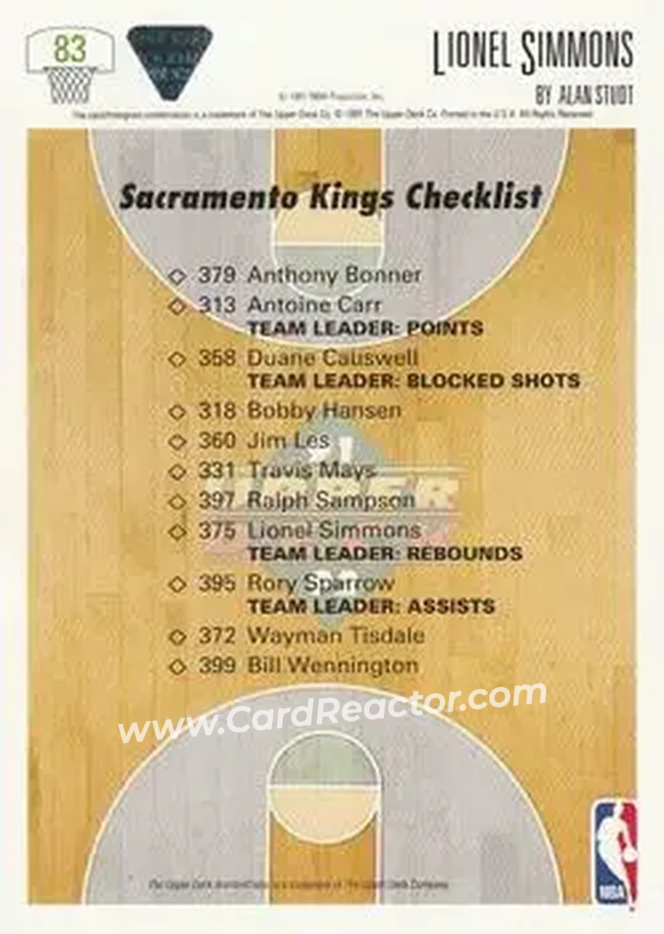 1991-92 Upper Deck #83 - Lionel Simmons - Sacramento Kings - Back