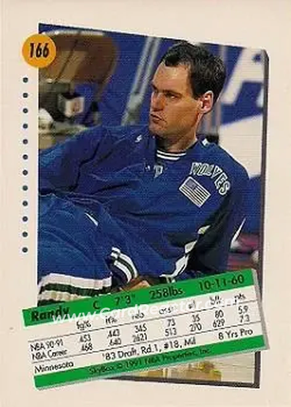 1991-92 SkyBox #166 - Randy Breuer - Minnesota Timberwolves - Back