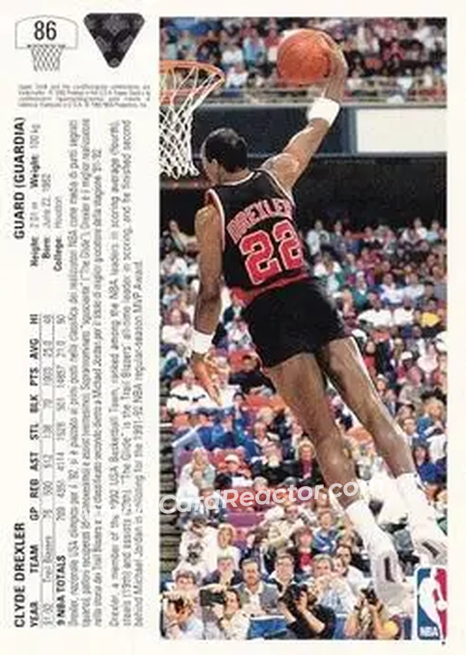 1991-92 Upper Deck Italian #86 - Clyde Drexler - Portland Trail Blazers - Back