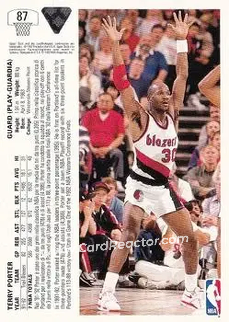1991-92 Upper Deck Italian #87 - Terry Porter - Portland Trail Blazers - Back 1991-92 Upper Deck Italian #87 - Terry Porter - Portland Trail Blazers - Back