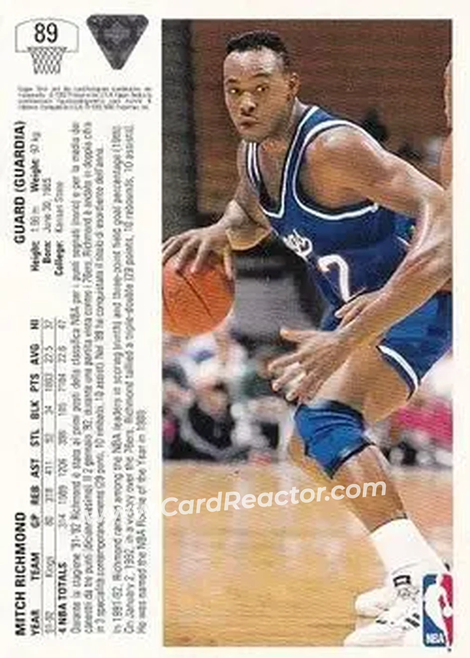 1991-92 Upper Deck Italian #89 - Mitch Richmond - Sacramento Kings - Back