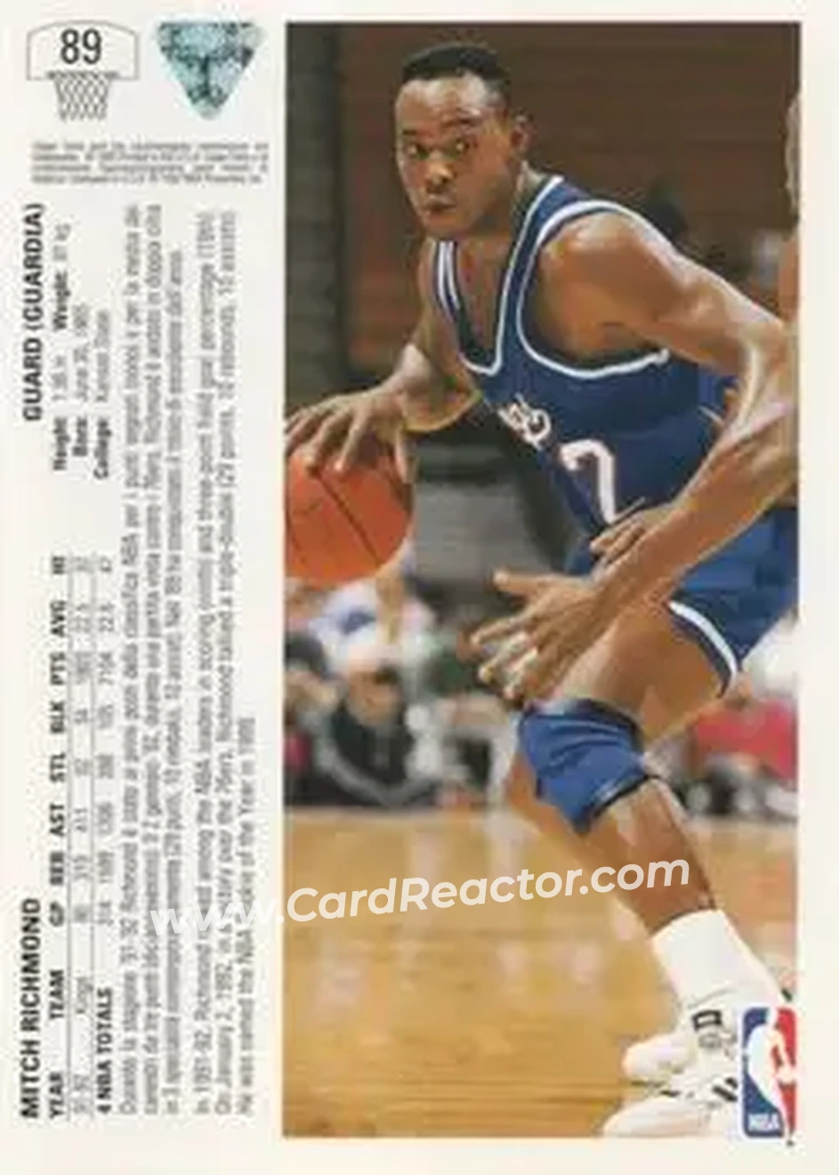 1991-92 Upper Deck Italian #89 - Mitch Richmond - Sacramento Kings - Back