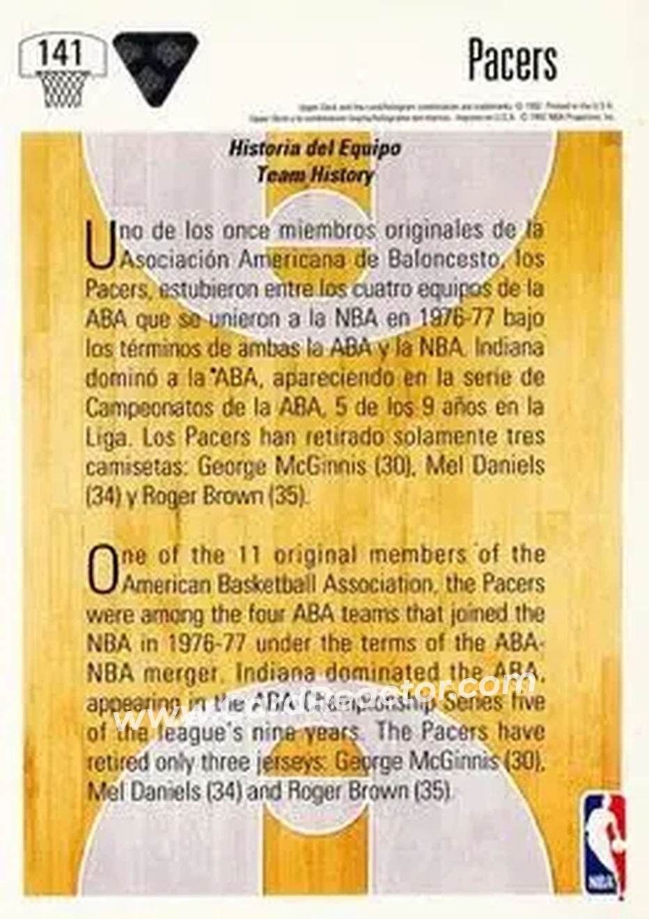 1991-92 Upper Deck Spanish #141 - Card #141 - Indiana Pacers - Back