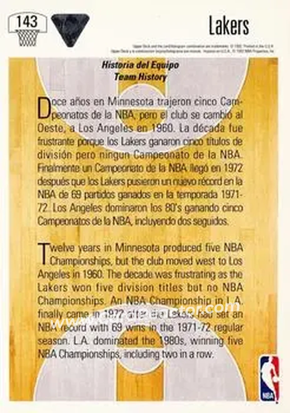 1991-92 Upper Deck Spanish #143 - Card #143 - Los Angeles Lakers - Back