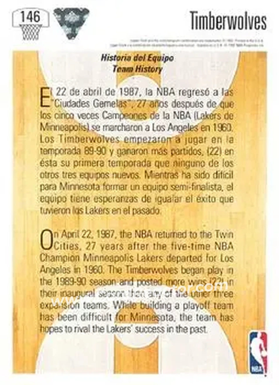1991-92 Upper Deck Spanish #146 - Card #146 - Minnesota Timberwolves - Back 1991-92 Upper Deck Spanish #146 - Card #146 - Minnesota Timberwolves - Back