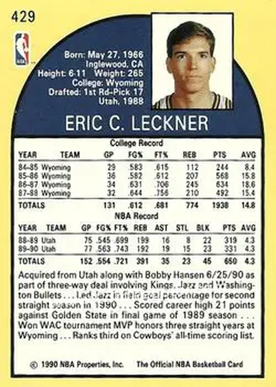 1990-91 Hoops #429 - Eric Leckner - Sacramento Kings - Back