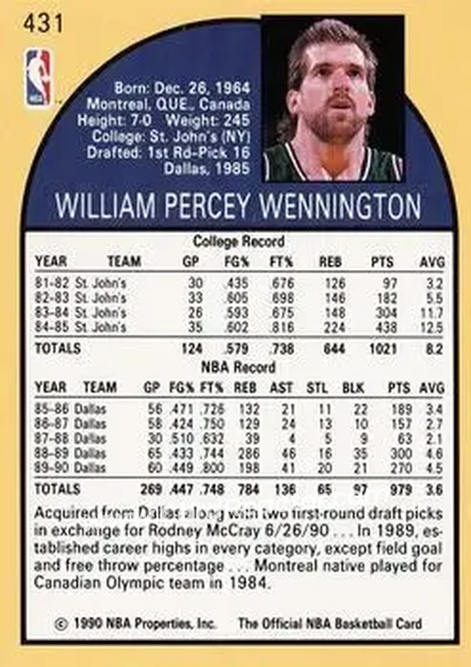 1990-91 Hoops #431 - Bill Wennington - Sacramento Kings - Back