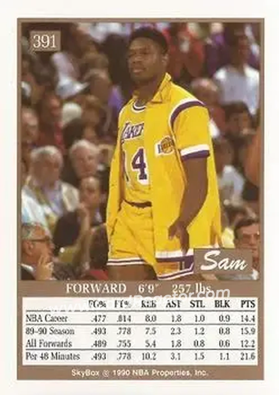 1990-91 SkyBox #391 - Sam Perkins - Los Angeles Lakers - Back