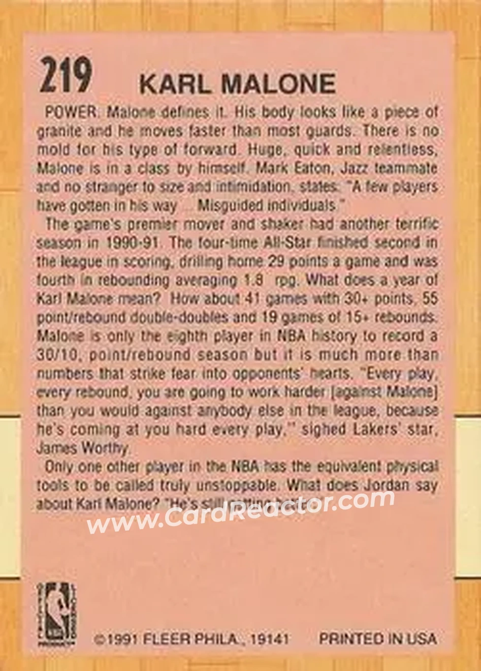 1991-92 Fleer #219 - Karl Malone - Utah Jazz - Back
