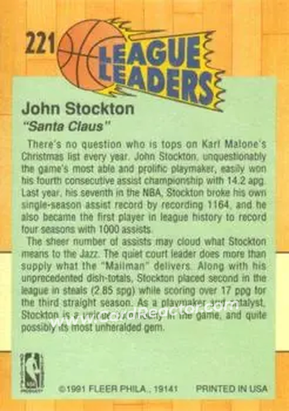 1991-92 Fleer #221 - John Stockton - Utah Jazz - Back 1991-92 Fleer #221 - John Stockton - Utah Jazz - Back
