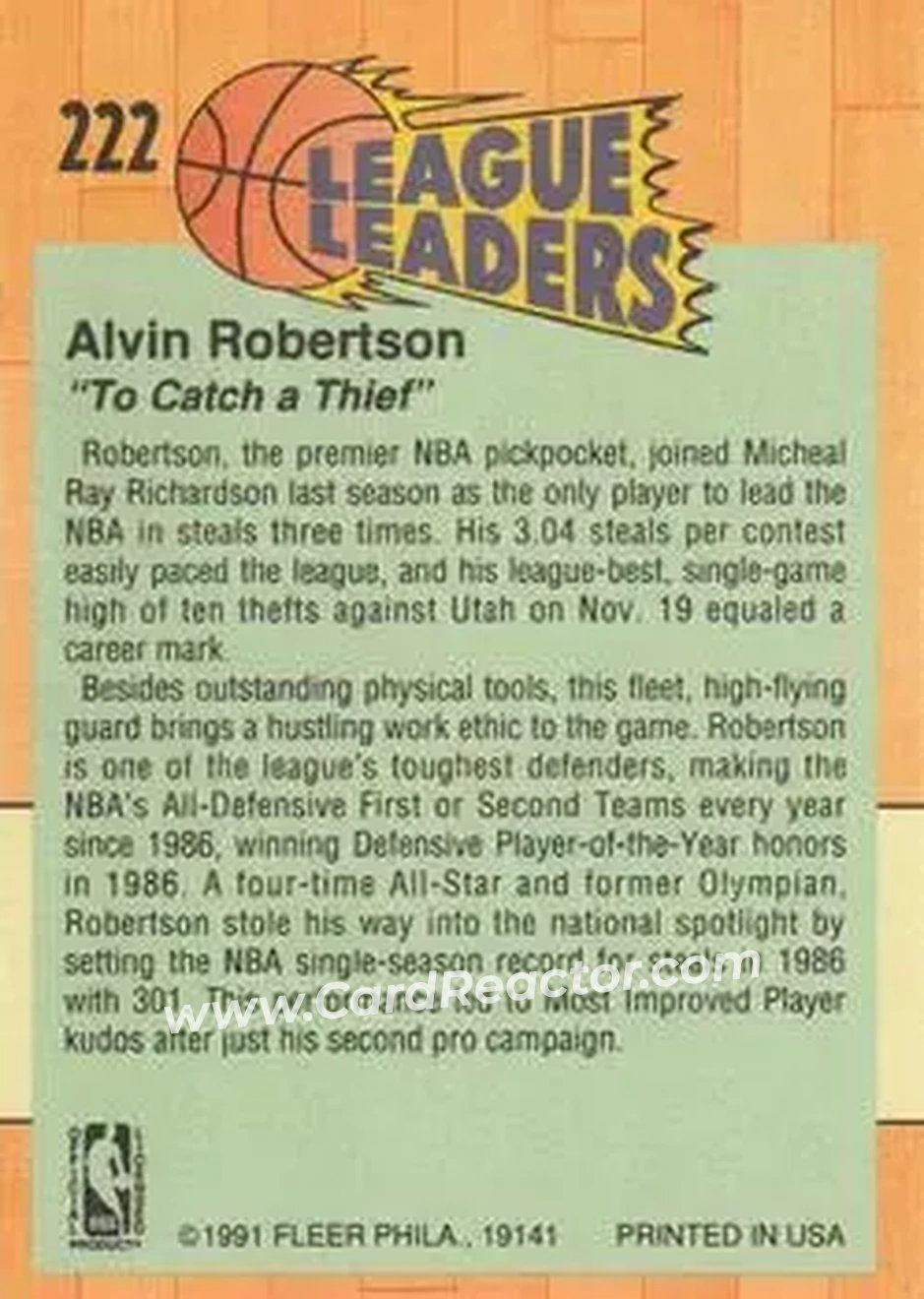 1991-92 Fleer #222 - Alvin Robertson - Milwaukee Bucks - Back