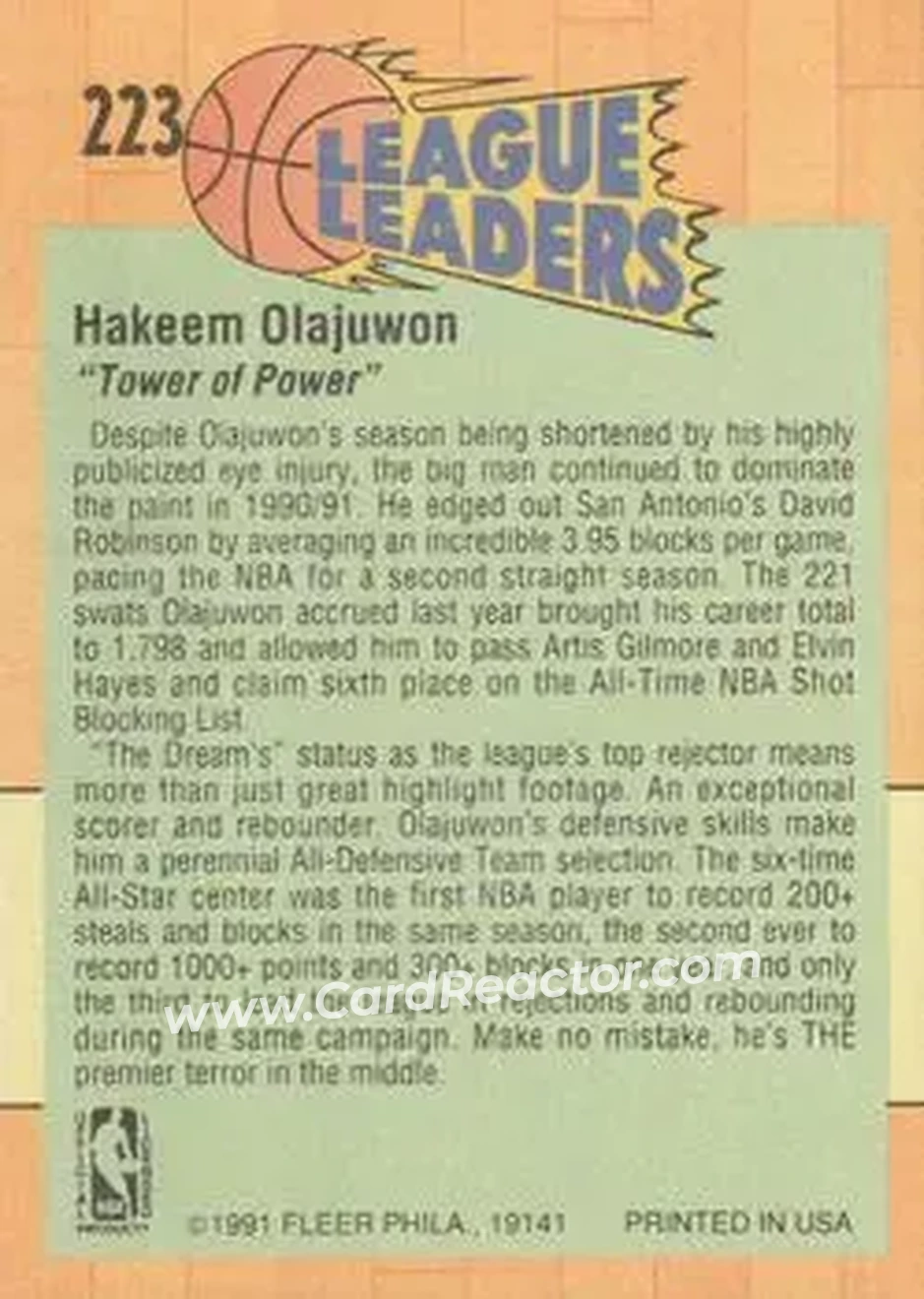 1991-92 Fleer #223 - Hakeem Olajuwon - Houston Rockets - Back