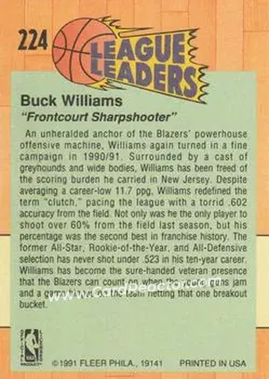 1991-92 Fleer #224 - Buck Williams - Portland Trail Blazers - Back