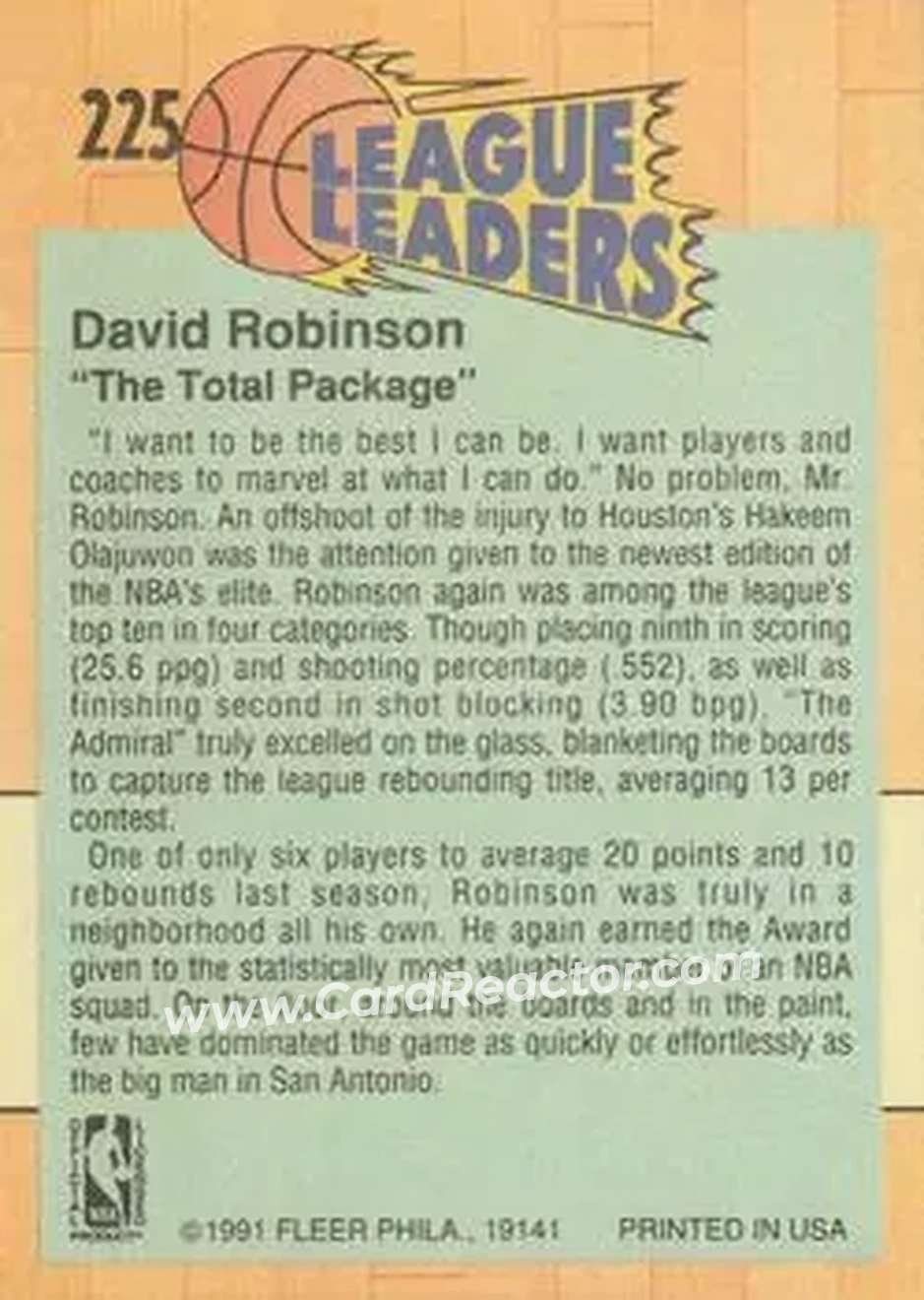 1991-92 Fleer #225 - David Robinson - San Antonio Spurs - Back