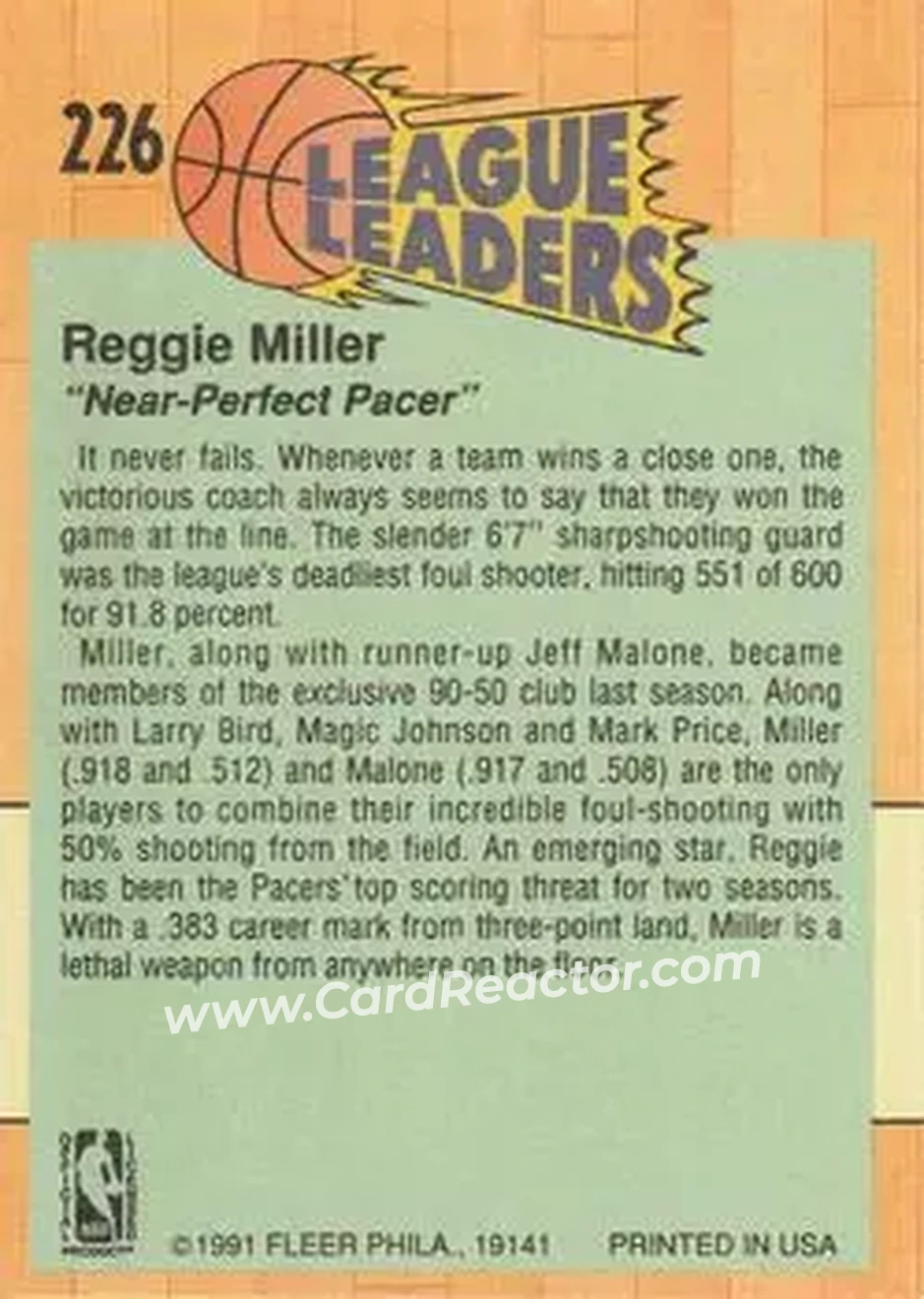 1991-92 Fleer #226 - Reggie Miller - Indiana Pacers - Back 1991-92 Fleer #226 - Reggie Miller - Indiana Pacers - Back