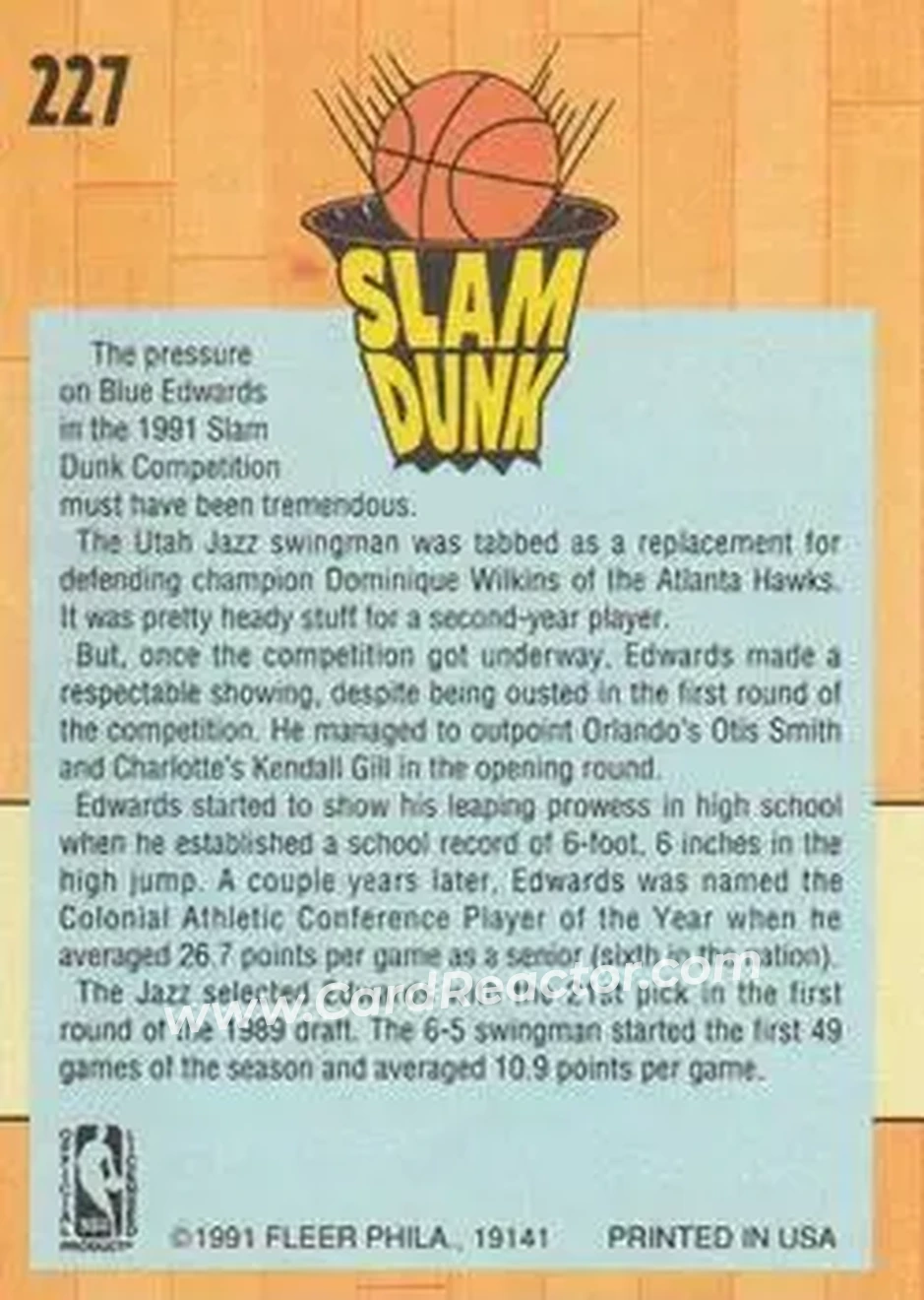 1991-92 Fleer #227 - Blue Edwards - Utah Jazz - Back